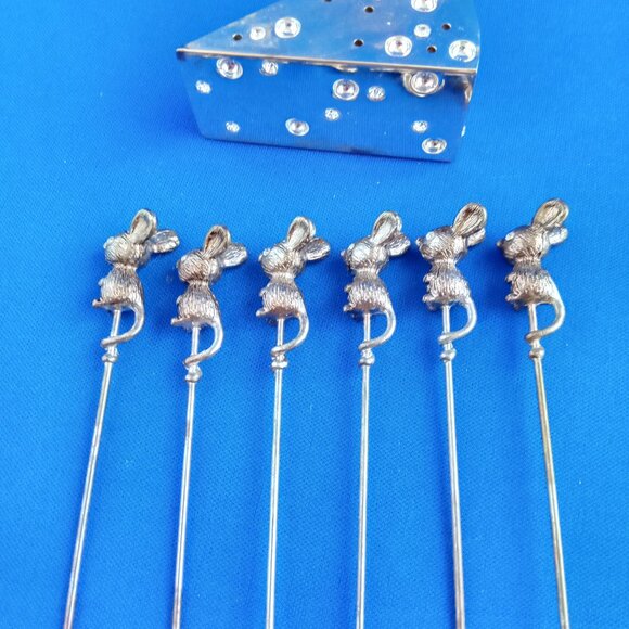 vtg set 6 mouse cheese picks and silverplate holder with crystals charcuterie - Picture 7 of 11